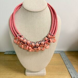 Coral pink beaded flower chunky rigid bib necklace